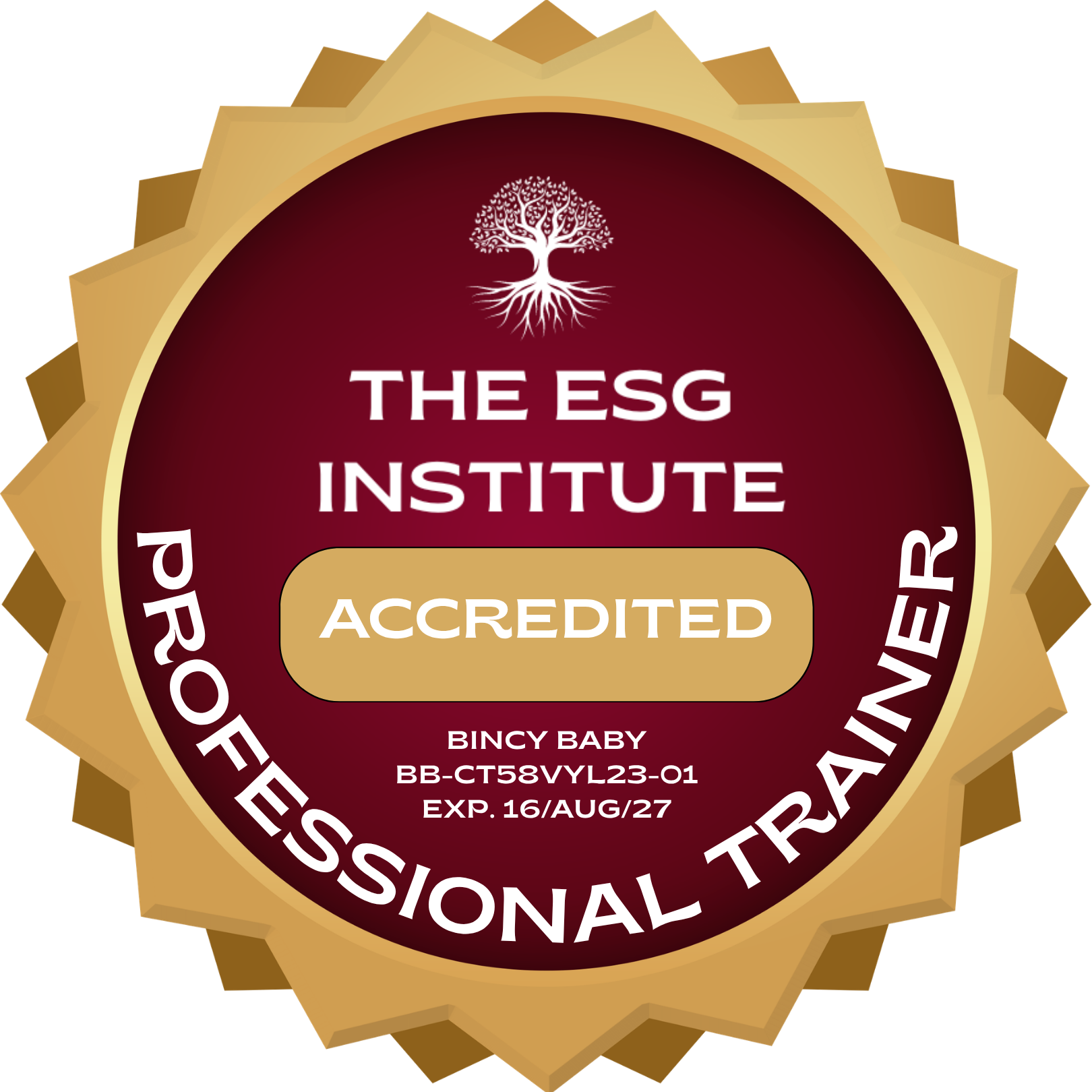 The ESG Institute Accredited Professional Trainer seal for Bincy Baby