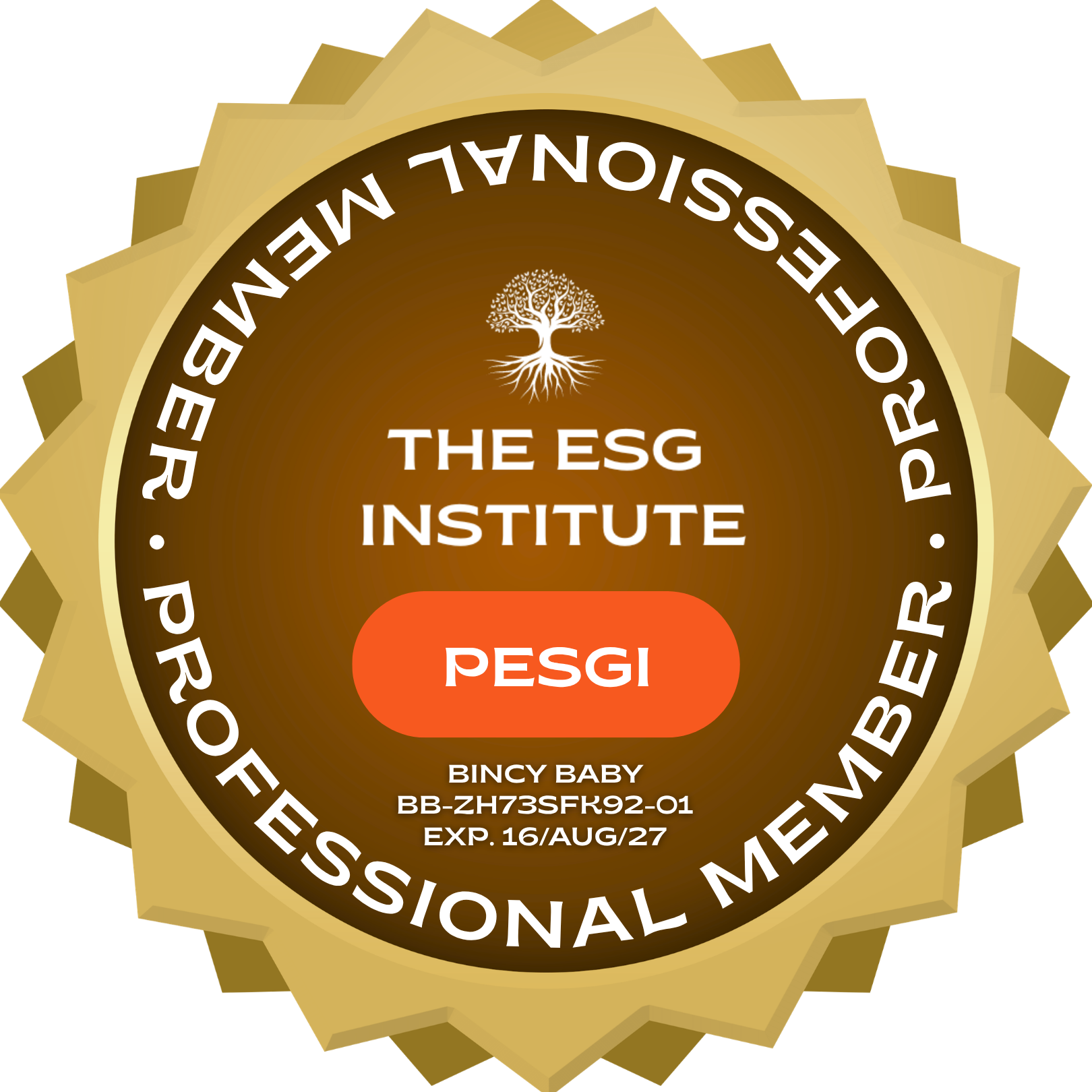 The ESG Institute Professional Member PESGI seal for Bincy Baby